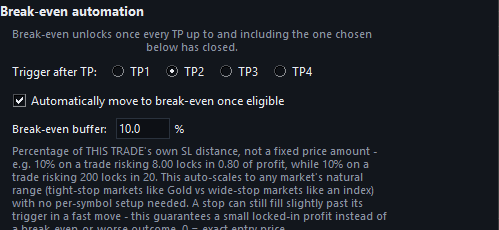 Break-even automation settings for managing trade risk automatically in MT5